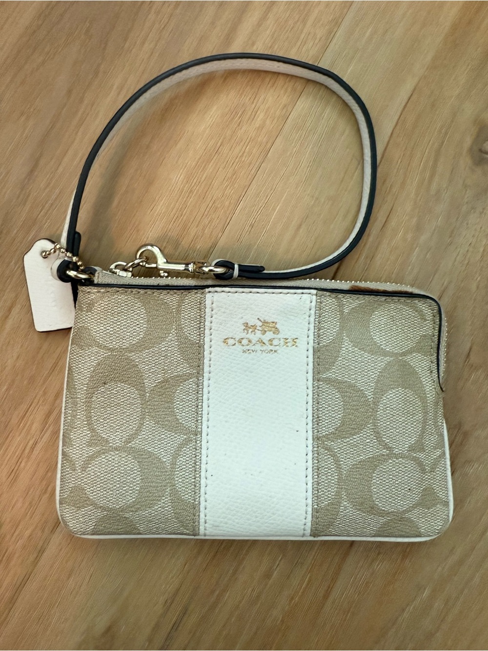 COACH Beige Signature Canvas Wristlet with White Center Stripe